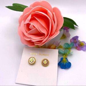 NWOT  Tory Burch Gold Logo Pearlescent Stud Earrings, Comes With Dust Bag
